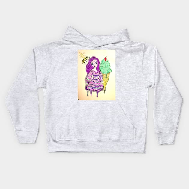 Ice Cream Girl with Bee Kids Hoodie by LowbrowBunnyArts